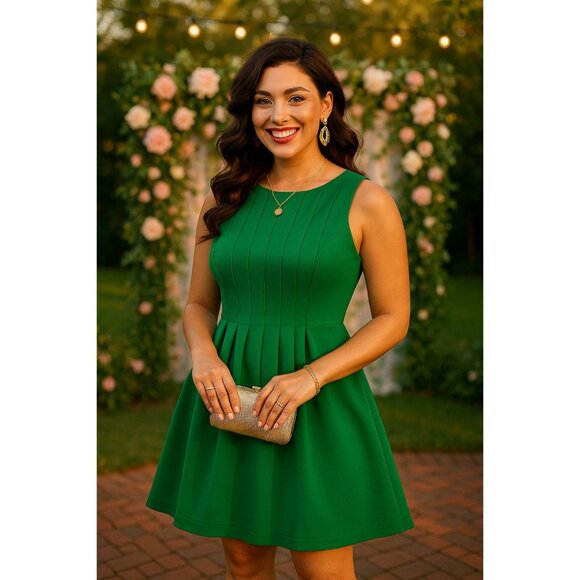 Vince Camuto Wedding Guest Glam Outfit Green Pleated Fit & Flare Dress Sz 4 - Picture 1 of 12